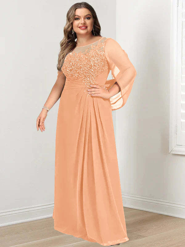 Plus Size Floor-Length Mother of the Bride A-Line Dress with Scoop Neckline Pleats and Sequins-BMbridal