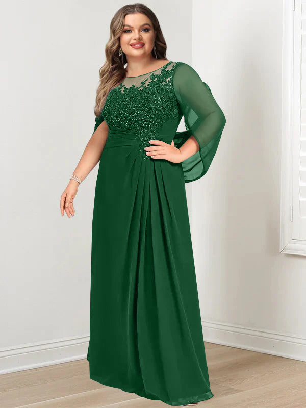 Plus Size Floor-Length Mother of the Bride A-Line Dress with Scoop Neckline Pleats and Sequins-BMbridal