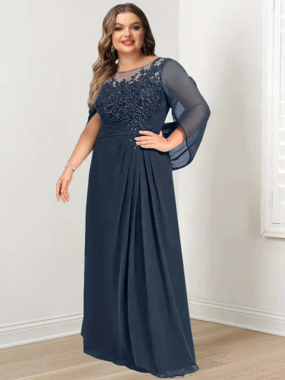 Plus Size Floor-Length Mother of the Bride A-Line Dress with Scoop Neckline Pleats and Sequins-BMbridal