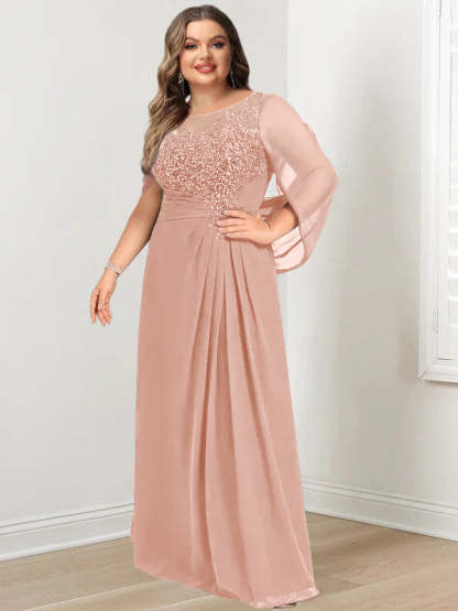 Plus Size Floor-Length Mother of the Bride A-Line Dress with Scoop Neckline Pleats and Sequins-BMbridal