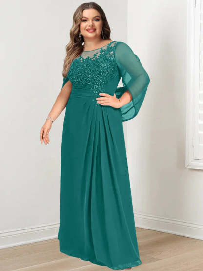 Plus Size Floor-Length Mother of the Bride A-Line Dress with Scoop Neckline Pleats and Sequins-BMbridal