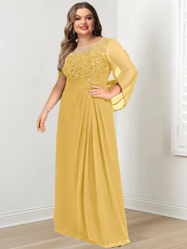 Plus Size Floor-Length Mother of the Bride A-Line Dress with Scoop Neckline Pleats and Sequins-BMbridal
