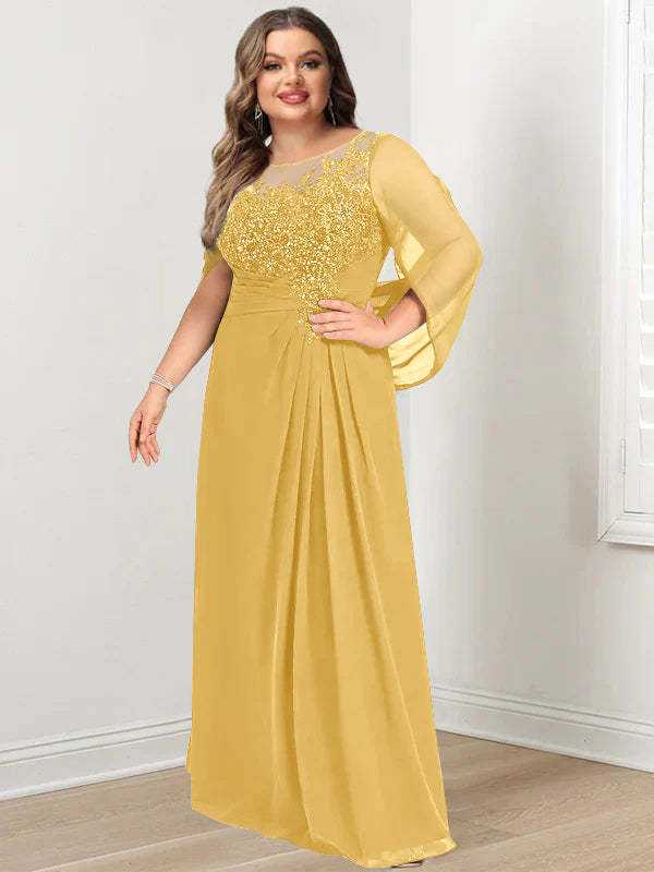 Plus Size Floor-Length Mother of the Bride A-Line Dress with Scoop Neckline Pleats and Sequins-BMbridal