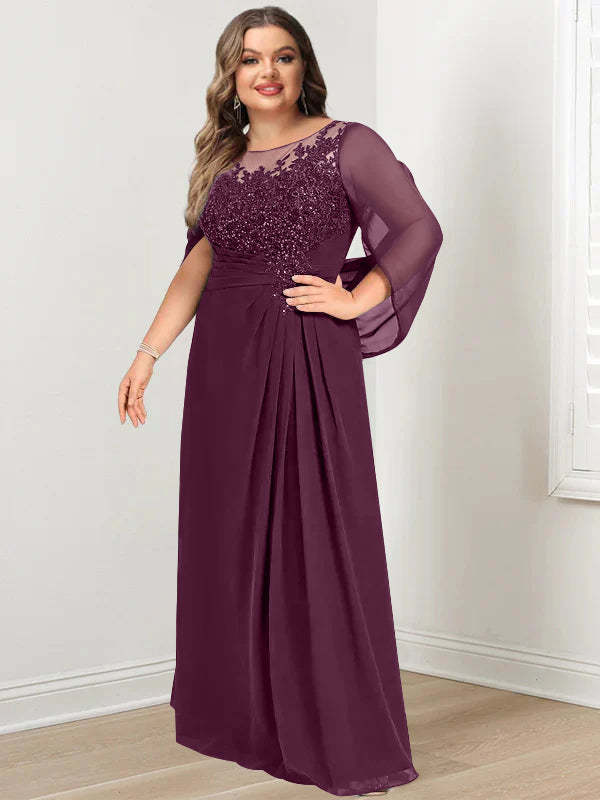 Plus Size Floor-Length Mother of the Bride A-Line Dress with Scoop Neckline Pleats and Sequins-BMbridal