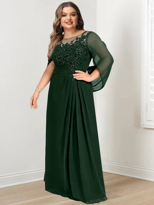 Plus Size Floor-Length Mother of the Bride A-Line Dress with Scoop Neckline Pleats and Sequins-BMbridal