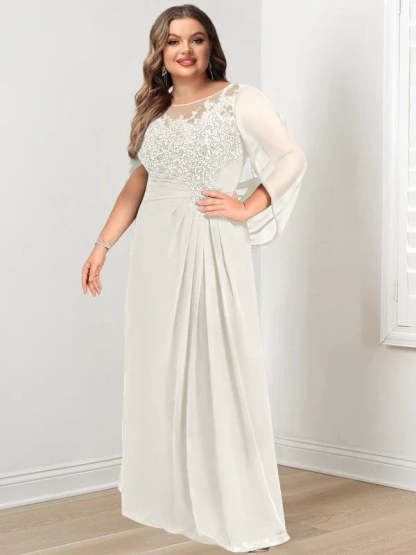 Plus Size Floor-Length Mother of the Bride A-Line Dress with Scoop Neckline Pleats and Sequins-BMbridal