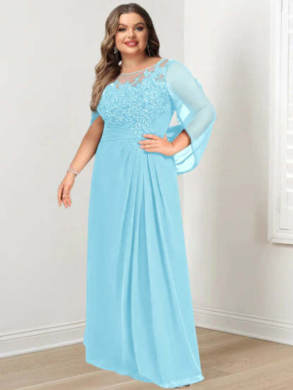 Plus Size Floor-Length Mother of the Bride A-Line Dress with Scoop Neckline Pleats and Sequins-BMbridal