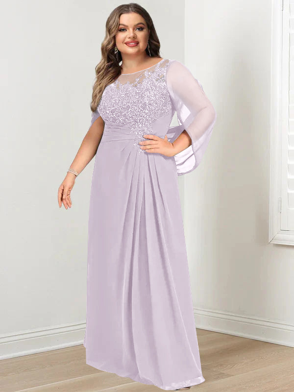 Plus Size Floor-Length Mother of the Bride A-Line Dress with Scoop Neckline Pleats and Sequins-BMbridal