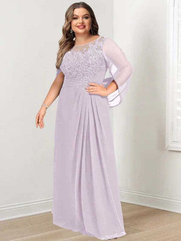 Plus Size Floor-Length Mother of the Bride A-Line Dress with Scoop Neckline Pleats and Sequins-BMbridal