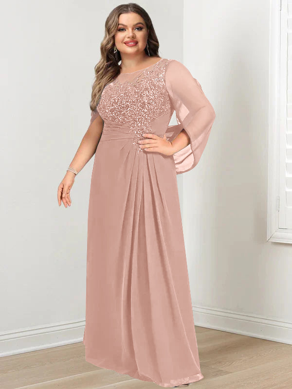 Plus Size Floor-Length Mother of the Bride A-Line Dress with Scoop Neckline Pleats and Sequins-BMbridal