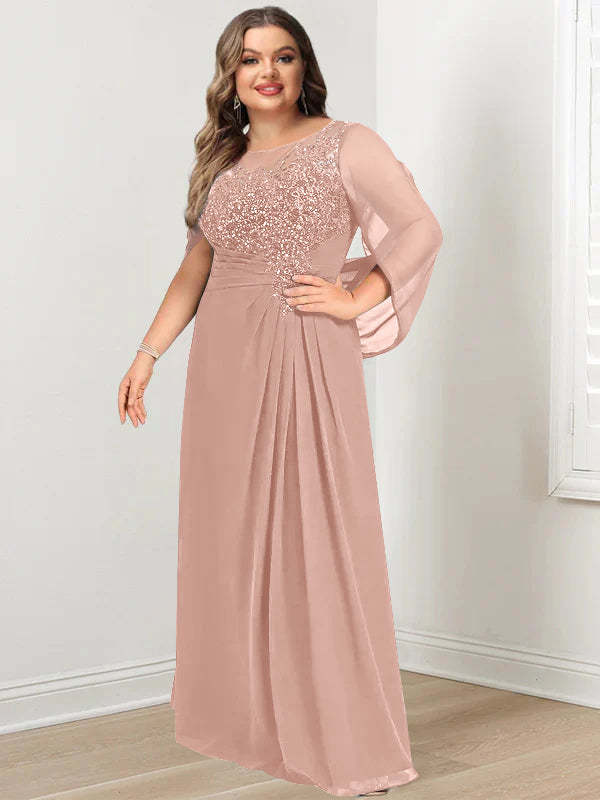 Plus Size Floor-Length Mother of the Bride A-Line Dress with Scoop Neckline Pleats and Sequins-BMbridal