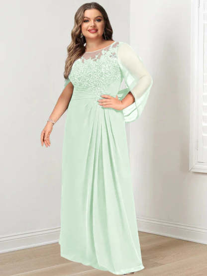 Plus Size Floor-Length Mother of the Bride A-Line Dress with Scoop Neckline Pleats and Sequins-BMbridal