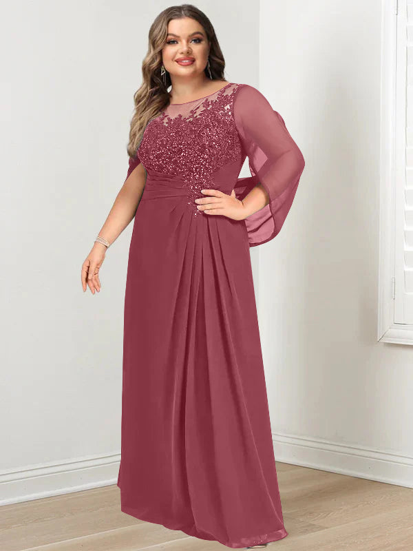 Plus Size Floor-Length Mother of the Bride A-Line Dress with Scoop Neckline Pleats and Sequins-BMbridal