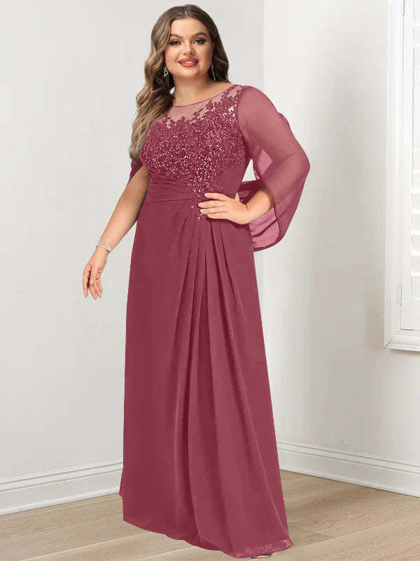 Plus Size Floor-Length Mother of the Bride A-Line Dress with Scoop Neckline Pleats and Sequins-BMbridal