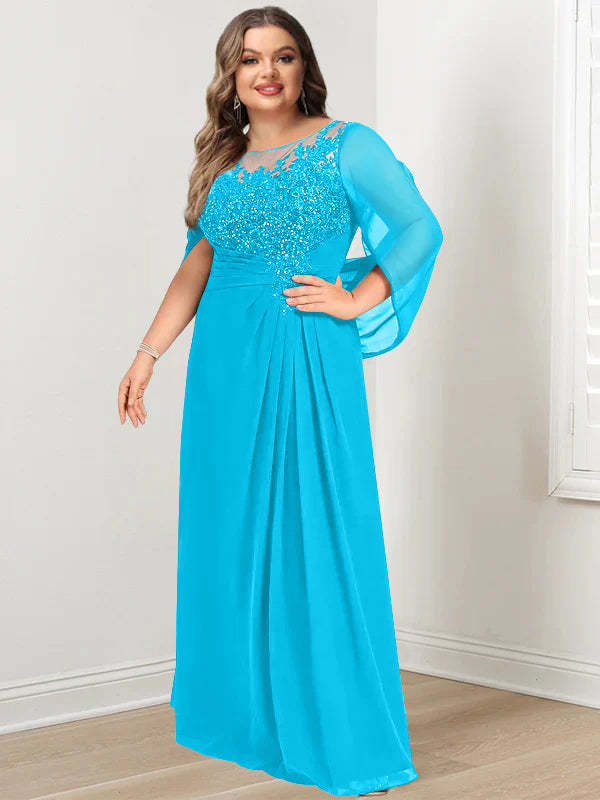 Plus Size Floor-Length Mother of the Bride A-Line Dress with Scoop Neckline Pleats and Sequins-BMbridal