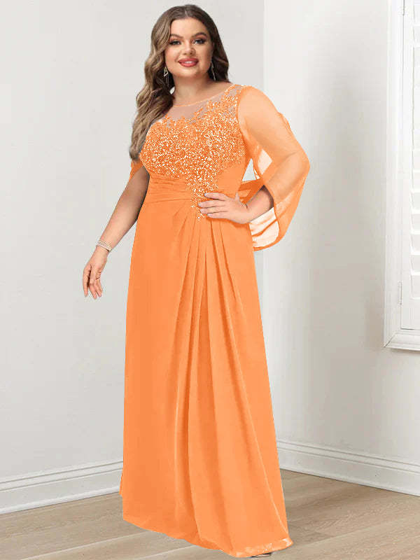 Plus Size Floor-Length Mother of the Bride A-Line Dress with Scoop Neckline Pleats and Sequins-BMbridal