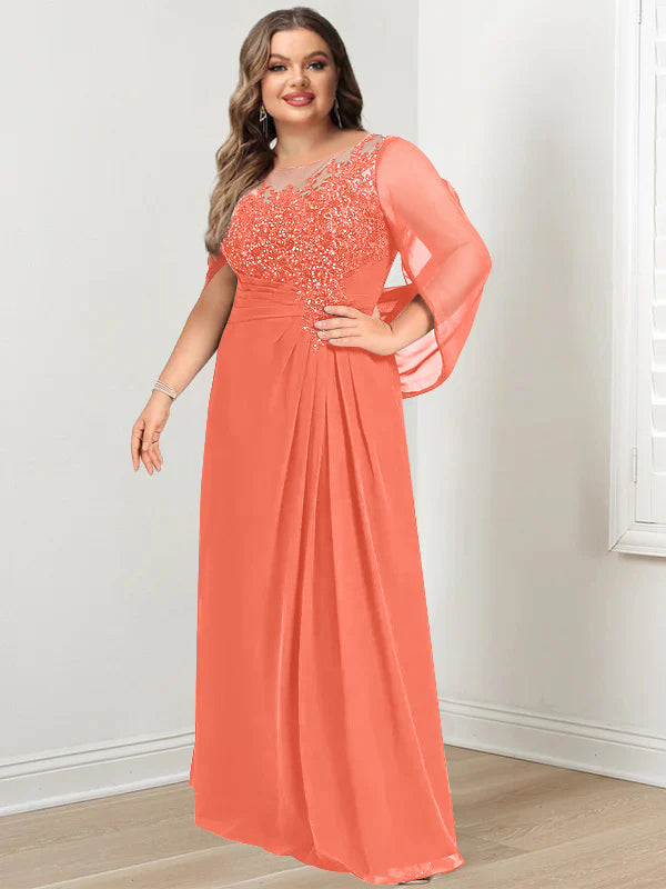 Plus Size Floor-Length Mother of the Bride A-Line Dress with Scoop Neckline Pleats and Sequins-BMbridal