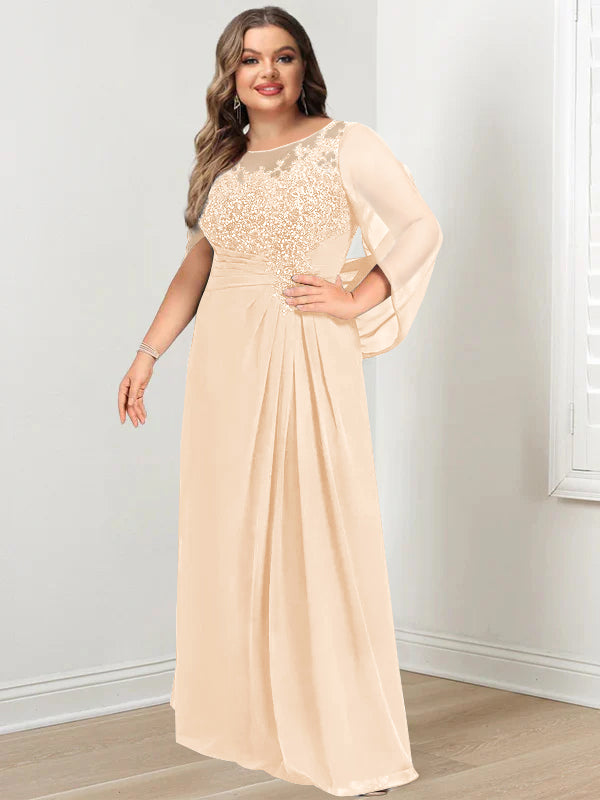 Plus Size Floor-Length Mother of the Bride A-Line Dress with Scoop Neckline Pleats and Sequins-BMbridal
