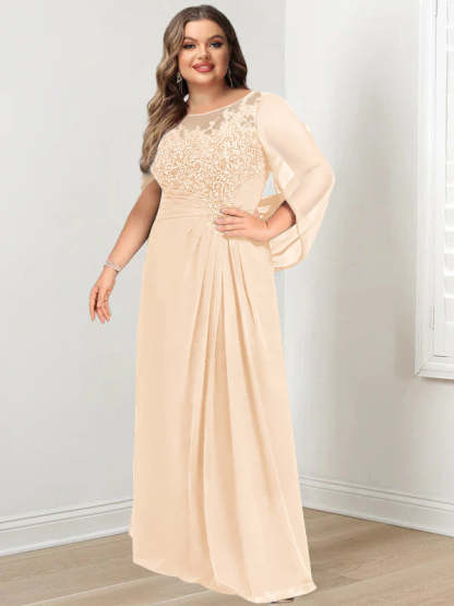 Plus Size Floor-Length Mother of the Bride A-Line Dress with Scoop Neckline Pleats and Sequins-BMbridal