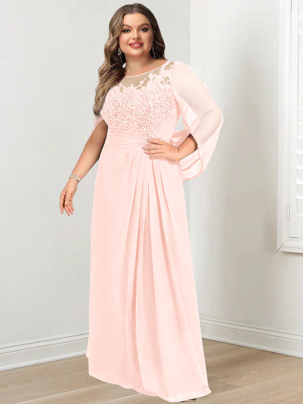 Plus Size Floor-Length Mother of the Bride A-Line Dress with Scoop Neckline Pleats and Sequins-BMbridal