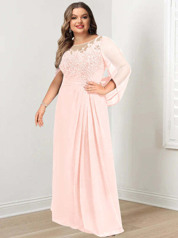 Plus Size Floor-Length Mother of the Bride A-Line Dress with Scoop Neckline Pleats and Sequins-BMbridal