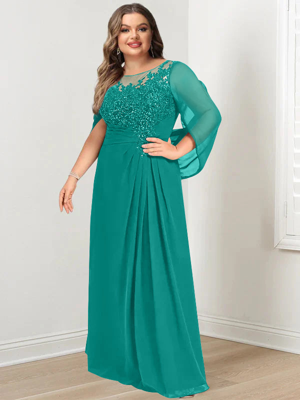Plus Size Floor-Length Mother of the Bride A-Line Dress with Scoop Neckline Pleats and Sequins-BMbridal