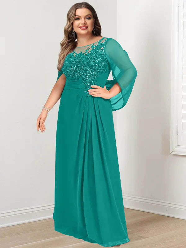 Plus Size Floor-Length Mother of the Bride A-Line Dress with Scoop Neckline Pleats and Sequins-BMbridal