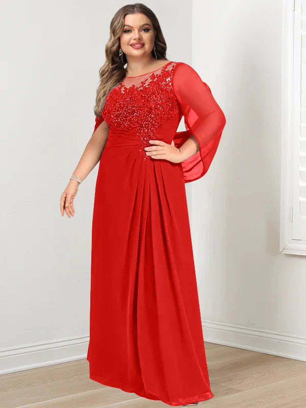 Plus Size Floor-Length Mother of the Bride A-Line Dress with Scoop Neckline Pleats and Sequins-BMbridal