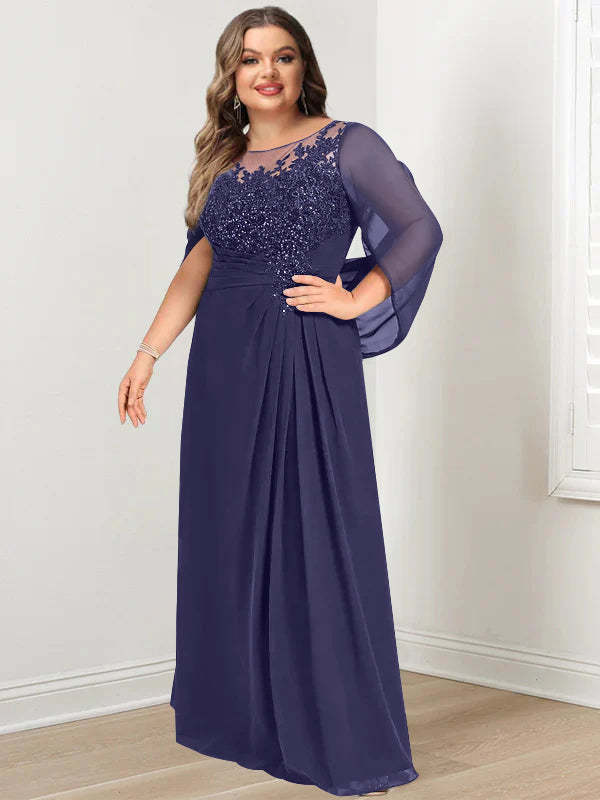 Plus Size Floor-Length Mother of the Bride A-Line Dress with Scoop Neckline Pleats and Sequins-BMbridal