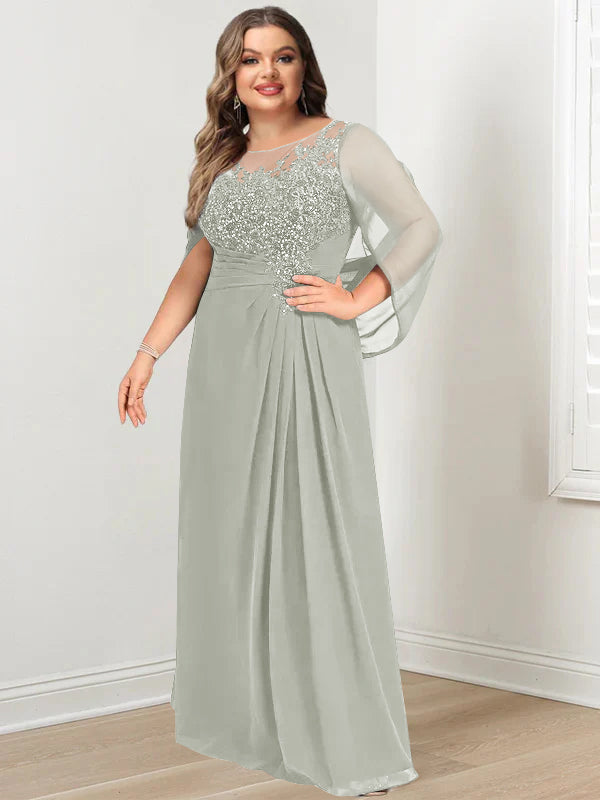 Plus Size Floor-Length Mother of the Bride A-Line Dress with Scoop Neckline Pleats and Sequins-BMbridal