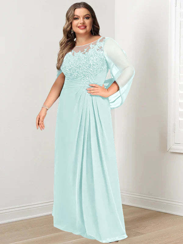 Plus Size Floor-Length Mother of the Bride A-Line Dress with Scoop Neckline Pleats and Sequins-BMbridal