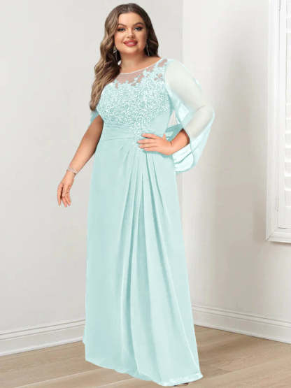 Plus Size Floor-Length Mother of the Bride A-Line Dress with Scoop Neckline Pleats and Sequins-BMbridal