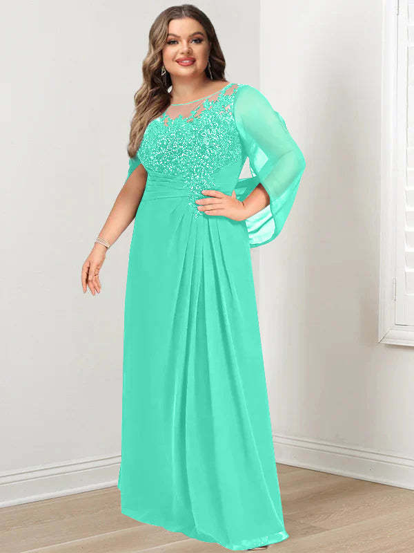 Plus Size Floor-Length Mother of the Bride A-Line Dress with Scoop Neckline Pleats and Sequins-BMbridal