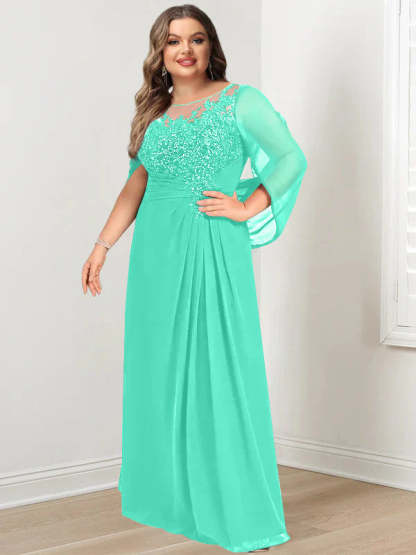 Plus Size Floor-Length Mother of the Bride A-Line Dress with Scoop Neckline Pleats and Sequins-BMbridal
