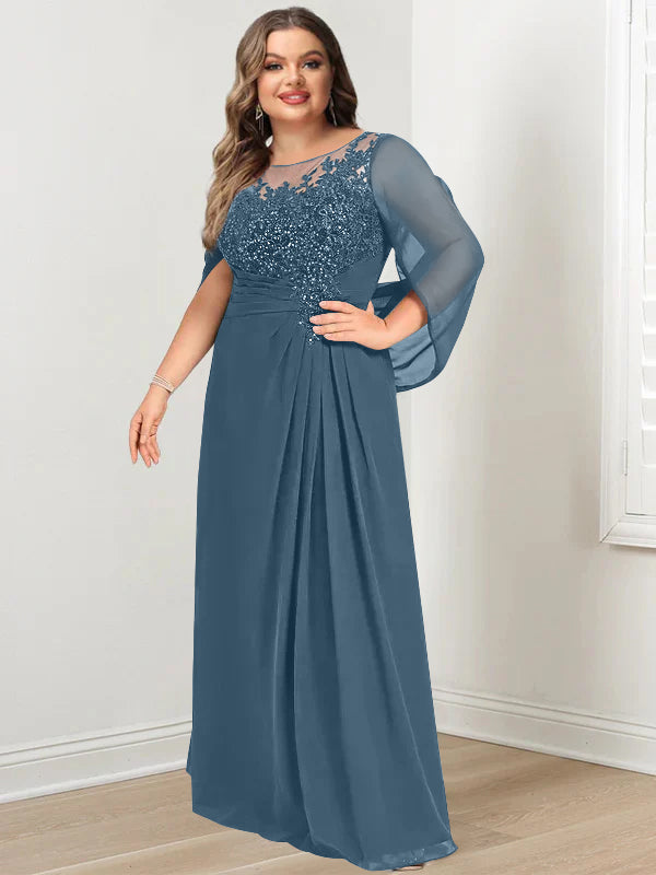 Plus Size Floor-Length Mother of the Bride A-Line Dress with Scoop Neckline Pleats and Sequins-BMbridal
