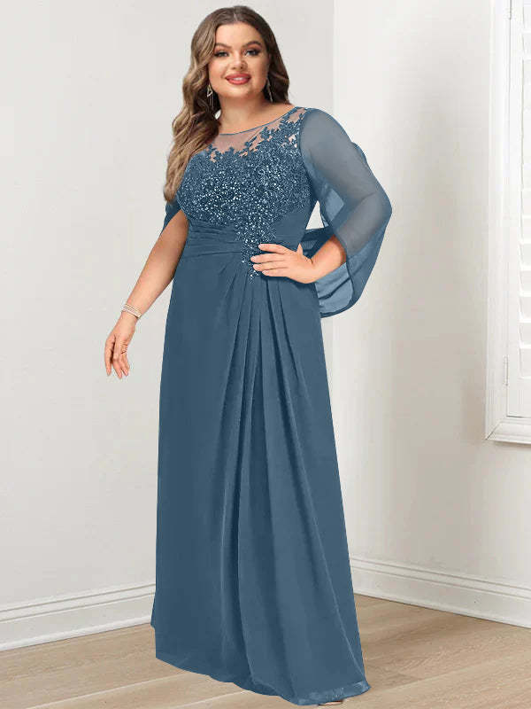 Plus Size Floor-Length Mother of the Bride A-Line Dress with Scoop Neckline Pleats and Sequins-BMbridal