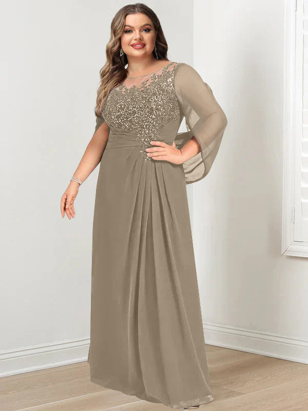 Plus Size Floor-Length Mother of the Bride A-Line Dress with Scoop Neckline Pleats and Sequins-BMbridal