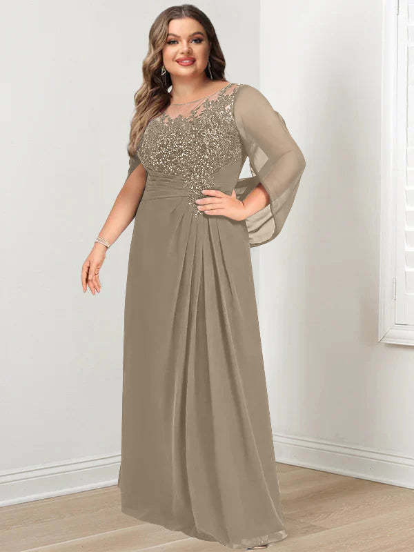 Plus Size Floor-Length Mother of the Bride A-Line Dress with Scoop Neckline Pleats and Sequins-BMbridal