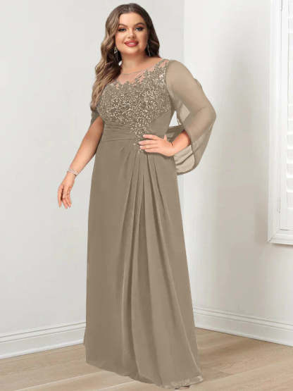 Plus Size Floor-Length Mother of the Bride A-Line Dress with Scoop Neckline Pleats and Sequins-BMbridal