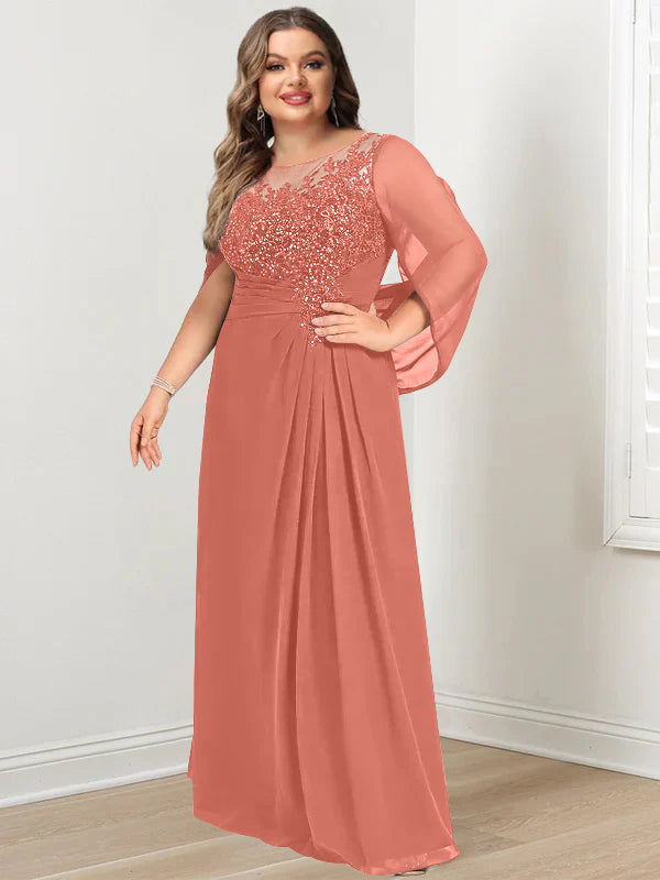 Plus Size Floor-Length Mother of the Bride A-Line Dress with Scoop Neckline Pleats and Sequins-BMbridal