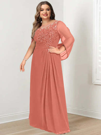 Plus Size Floor-Length Mother of the Bride A-Line Dress with Scoop Neckline Pleats and Sequins-BMbridal