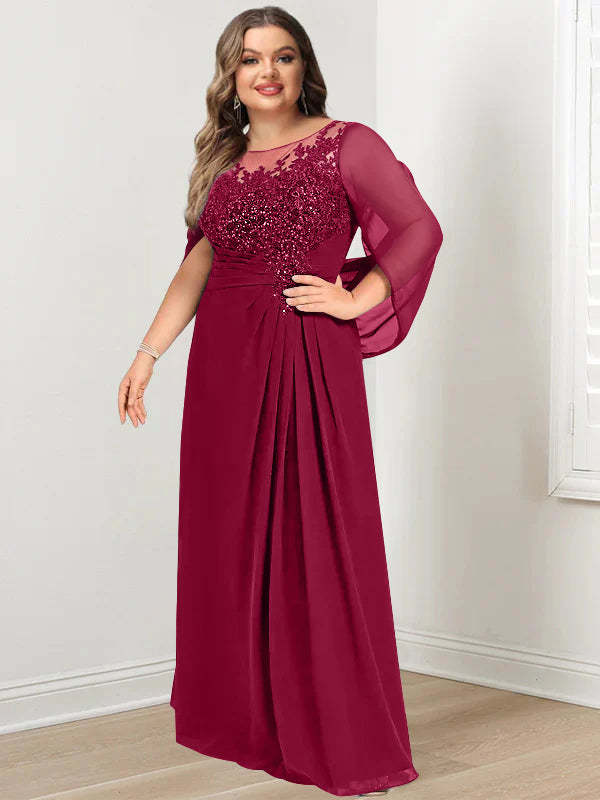 Plus Size Floor-Length Mother of the Bride A-Line Dress with Scoop Neckline Pleats and Sequins-BMbridal