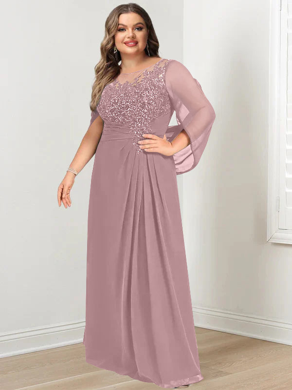 Plus Size Floor-Length Mother of the Bride A-Line Dress with Scoop Neckline Pleats and Sequins-BMbridal
