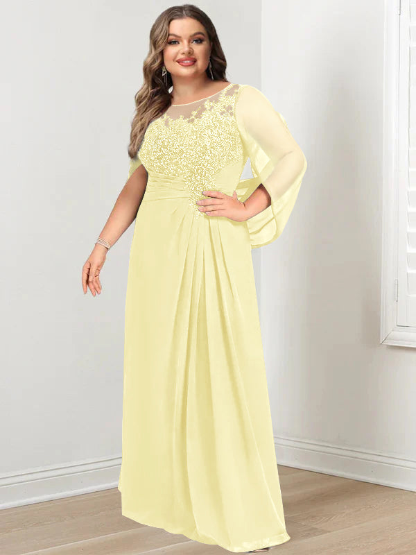 Plus Size Floor-Length Mother of the Bride A-Line Dress with Scoop Neckline Pleats and Sequins-BMbridal