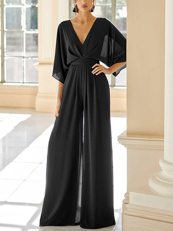 Mother of the Bride V-Neck Chiffon Pantsuit Featuring Pockets-BMbridal