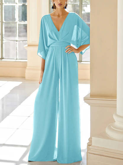 Mother of the Bride V-Neck Chiffon Pantsuit Featuring Pockets-BMbridal