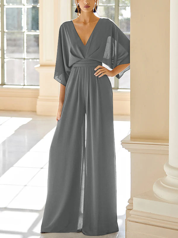 Mother of the Bride V-Neck Chiffon Pantsuit Featuring Pockets-BMbridal