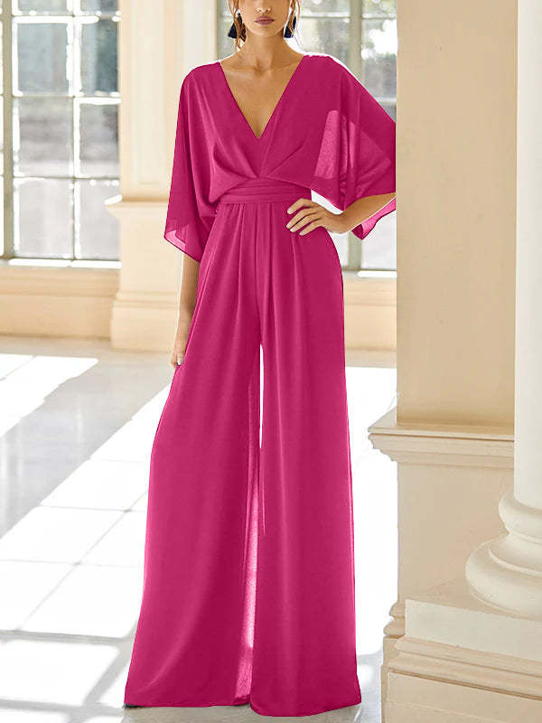 Mother of the Bride V-Neck Chiffon Pantsuit Featuring Pockets-BMbridal