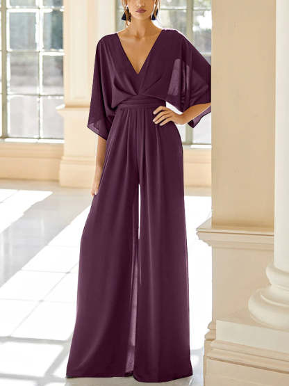 Mother of the Bride V-Neck Chiffon Pantsuit Featuring Pockets-BMbridal