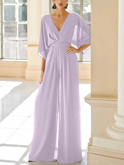 Mother of the Bride V-Neck Chiffon Pantsuit Featuring Pockets-BMbridal